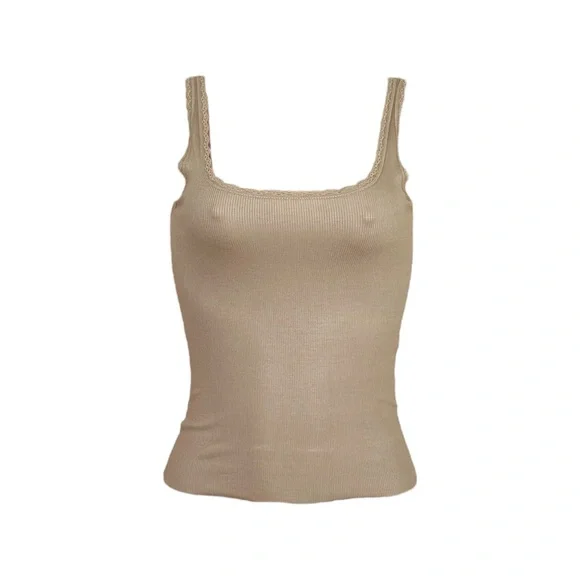 JOAH BROWN Scoop Neck Tank W/ Lace Trim, Taupe Rib, SM - Picture 5 of 11